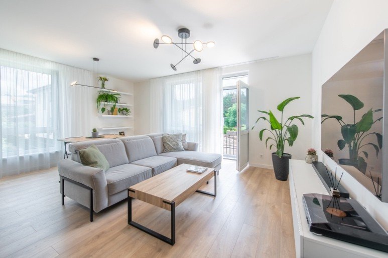 Obývací pokoj s šedou pohovkou